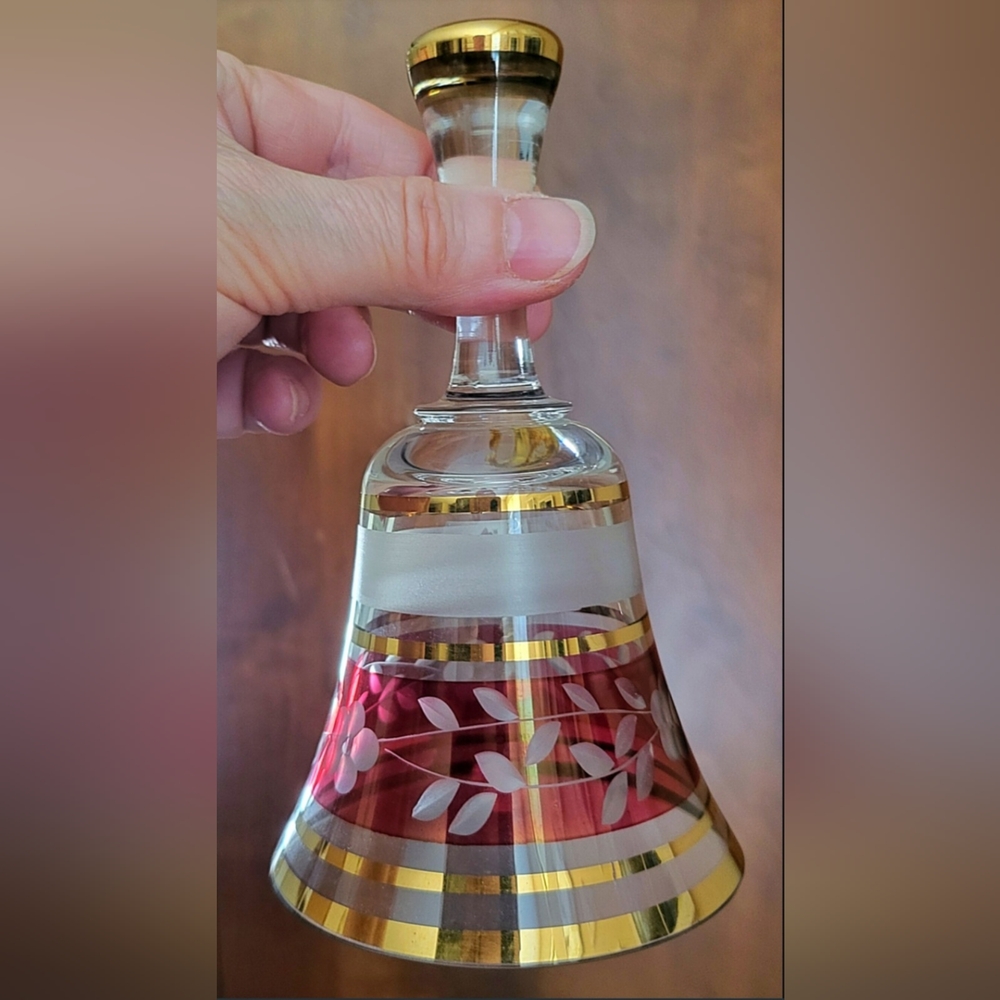 Vintage Bohemia Czech 6” Cut To Clear Crystal Ruby Red Bell Gold Trim MINT